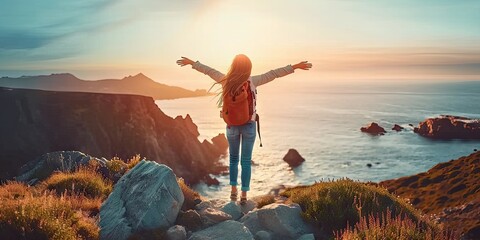 Freedom embodied in female hiker trekking mountains woman embracing nature travel adventure reaching peak success with backpack journey young and beautiful lifestyle panoramic view at sunrise outdoor