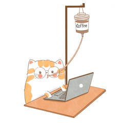 cat working and drink coffee 