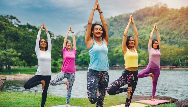 Group of multiethnic women stretching arms outdoor. Yoga class doing breathing exercise at park. Beautiful  fit women doing breath exercise together with outstretched ai