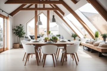 Fototapeta premium Scandinavian Interior home design of modern dining room with wooden dining table and chairs in the attic of the house