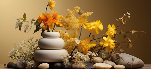 Still life with stones and flowers. Created with Ai