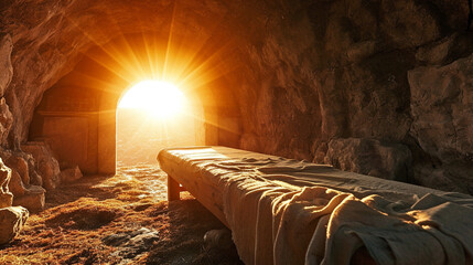 biblical scene of Resurrection Of Jesus Christ, Tomb Empty with sun rayes,  Easter