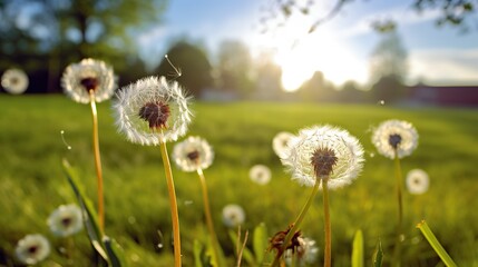 Dandelion Meadow. White dandelions illuminated by the evening sun, blurred background, Sunset or sunrise.