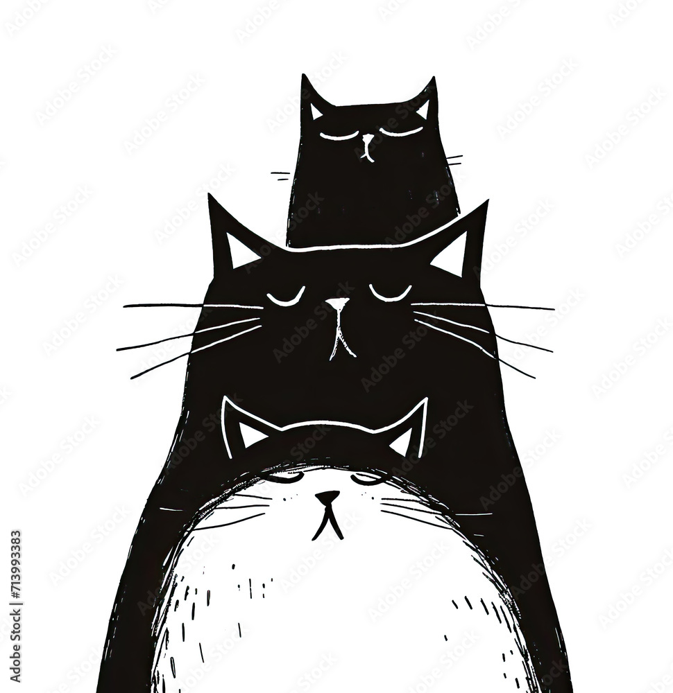 Wall mural three cats family , cute rude expressions , black and white  - Wall murals