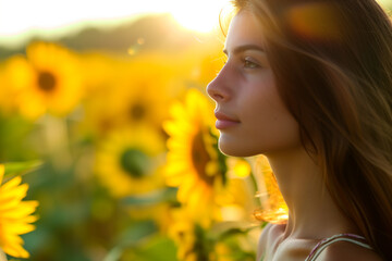Naklejka premium Summer goddess, woman in sunflowers field, seasonal agriculture