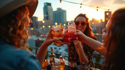 friends toasting drinks on a rooftop at sunset: Sunset Rooftop Toast Among Friends - obrazy, fototapety, plakaty