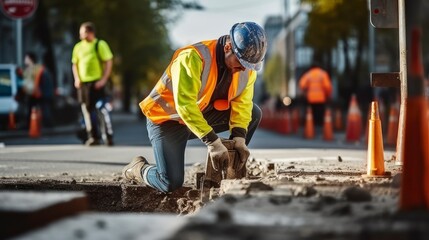 A Worker's Commitment to Safe Roadworks on Busy Streets - obrazy, fototapety, plakaty