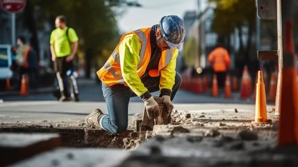 Foto op Plexiglas A Worker's Commitment to Safe Roadworks on Busy Streets © Godam