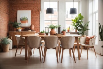 Fototapeta premium Bohemian Interior home design of modern dining room with wooden dining table and chairs against brick wall