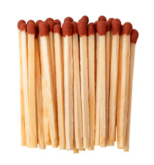 A pile of wooden matches on a white background. View from above. Match