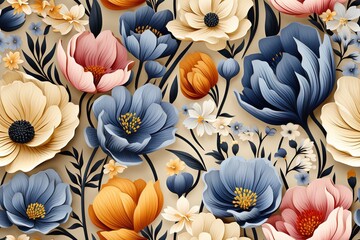  flowers seamless pattern. Poppies, chicory, cosmos flowers, bluebells.