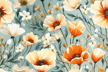  flowers seamless pattern. Poppies, chicory, cosmos flowers, bluebells.