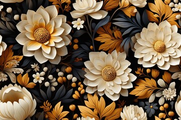  flowers seamless pattern. Poppies, chicory, cosmos flowers, bluebells.