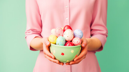 Fototapeta na wymiar Woman holding a bowl full of colorful easter eggs - ai generative