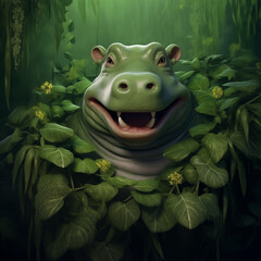Portrait of a hippo in the forest with green leaves