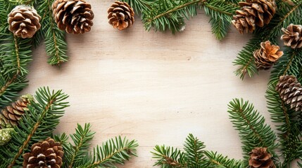 Fototapeta na wymiar Festive Fir Frame: Christmas Design with Cones and White Space for Greeting