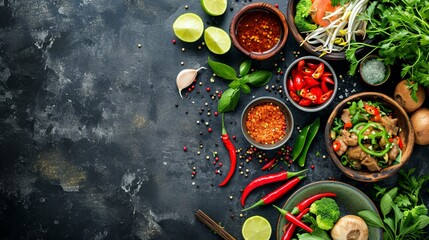 Asian food background with various ingredients on rustic stone background , top view. Vietnam or Thai cuisine.