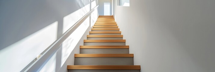 Perspective View of Wooden Staircase in Luxurious Interiors with White Walls