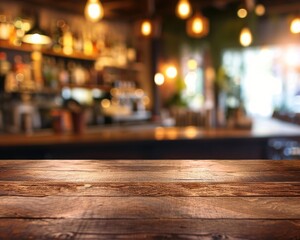 Fototapeta na wymiar Blurred Kitchen Background with Vintage Bar Table Top for Hipster Eatery