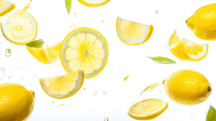 fresh lemon fruits flying through the picture isolated against white background - obrazy, fototapety, plakaty