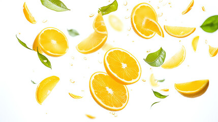 fresh orange fruits flying through the picture isolated against white background