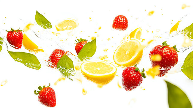 fresh fruits and vegetables flying through the picture isolated against white background