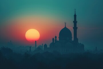The silhouette of a majestic mosque stands out against a vibrant sunrise sky