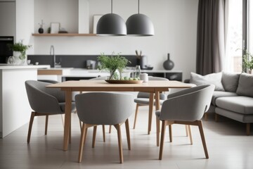 Scandinavian Interior home design of modern dining room with wooden dining table and gray chairs