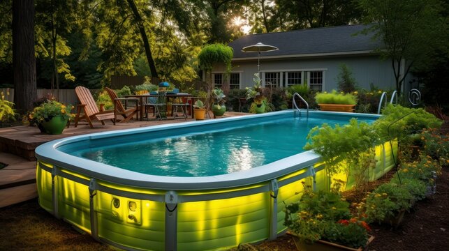 Cool off in a creatively designed stock tank pool, nestled in the refreshing ambiance of a green backyard