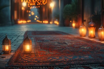 Lit lanterns along an old city alley with intricate carpets, evoking Ramadan's spirit