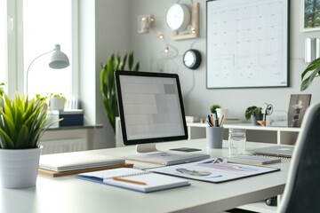 Fototapeta na wymiar Sleek Home Office Setup with Calendar and Fresh Plants