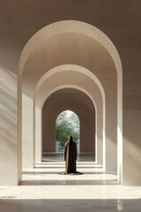 A solitary figure stands in contemplation in a modern mosque's sunlit archway.