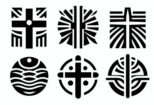 set of black and white Christian logos, a set of black church icons on a white background, simplistic iconography, vector graphics icon, iconography background, vector images