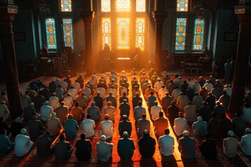 Worshippers bathed in golden light during a prayer session inside a mosque. - obrazy, fototapety, plakaty