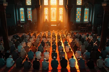 Deurstickers Worshippers bathed in golden light during a prayer session inside a mosque. © Olga