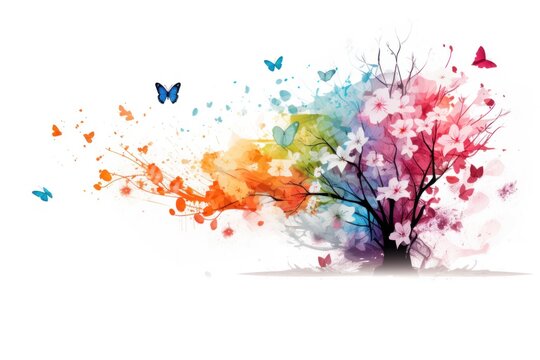 A whimsical tree illustration with a vibrant splash of colors and butterflies
