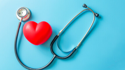 Health care concept. Stethoscope near heart on blue background.