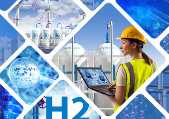Hydrogen technologies. Woman engineer with laptop. Girl technologist of hydrogen enterprise. H2...