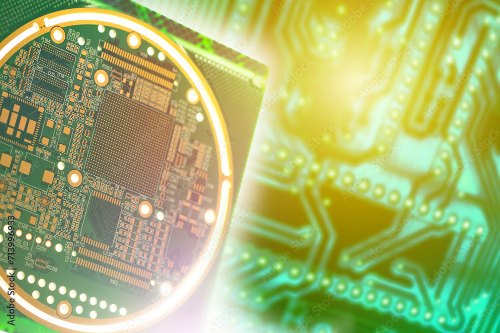 Poster Printed circuit board. PCB background. green computer board. Concept of microelectronics production. circuit board texture. cyber background. PCB pattern. microprocessor background. 3d image
