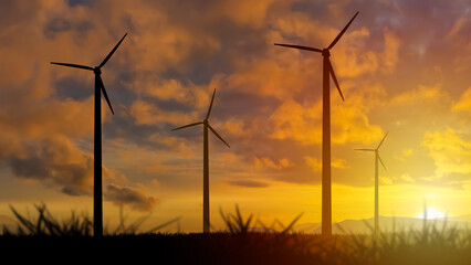 Wind generators. Turbines to generate electricity at sunset. Giant wind turbines. Sunset behind...