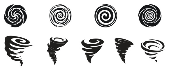 Creative vector illustration of hurricane indication side and spiral view icon symbol set isolated on transparent background. Art design vortex, typhoon, tornado funnel, wind storm. - obrazy, fototapety, plakaty