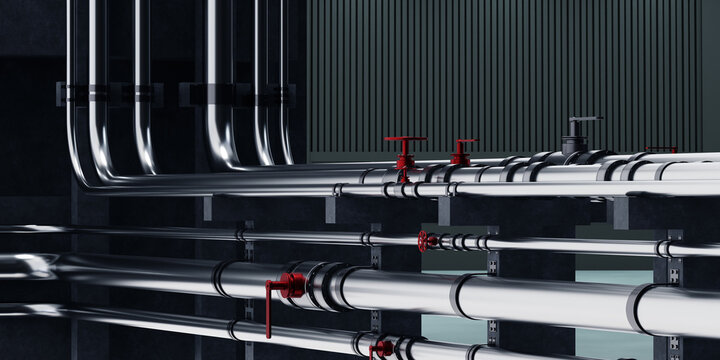 Pipes inside heating station. Metal pipeline on supports. Pipes for transporting hot water. Boiler system for enterprise. Heating equipment at factory. Pipes with valves without anyone. 3d image