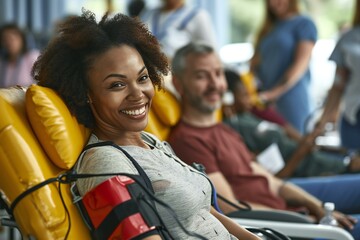 Smiling Woman Donating Blood "Joyful Blood Donation Experience"