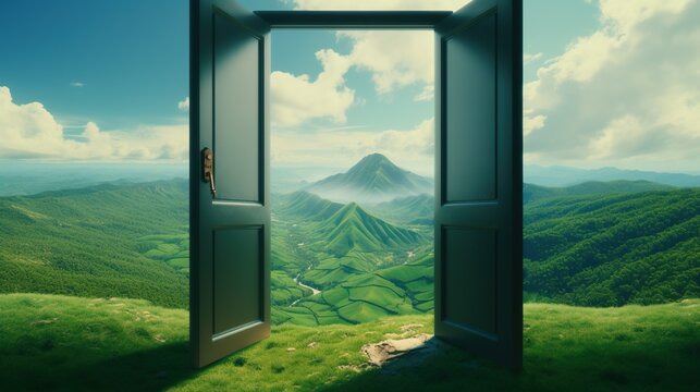 Opened Door on Mountains. New, Journey, Adventure, Start, Begin, Life, Change, Path

