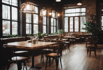 Cozy cafe interior with wooden floor and tables with chairs standing next to them Large windows