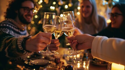Friends Raising Glasses in a Toast During Holiday Dinner Party