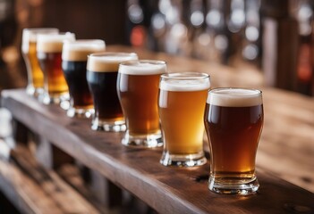 Glasses with craft beer on wooden bar Tap beer in pint glasses arranged in a row Closeup of five gla