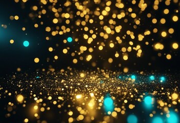 Fototapeta na wymiar Glitter vintage lights background gold blue and black de-focused blurred yellow and cyan glow sparks