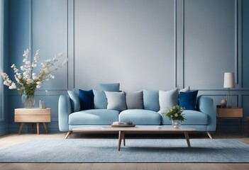 Modern blue living room design with sofa and furniture Blurred bright living room with sofa and flow
