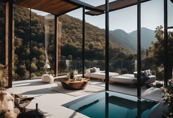 Modern luxury villa in minimalist style Glass house in the mountains Beautiful mountain views from m